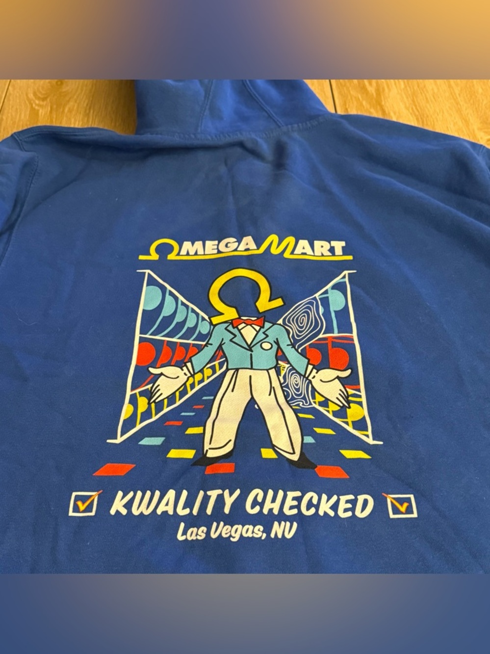 Omega Mart Las Vegas Kwality Checked Blue Graphic Hoodie - Picture 2 of 4